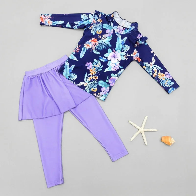 Printing Long Sleeved Girls Swimwear Sun Protection Swimming Suit  Long Pants Skirt Style Quick Drying Bathing Suit 3-11Y