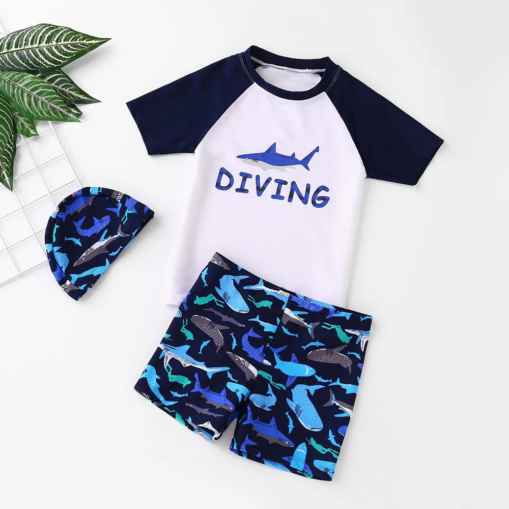 Boys Astronaut Swimsuit Set 3Pcs Kids Rash Guard Swimwear Short Sleeve Shirt + Shorts + Cap Children Beachwear UPF50+