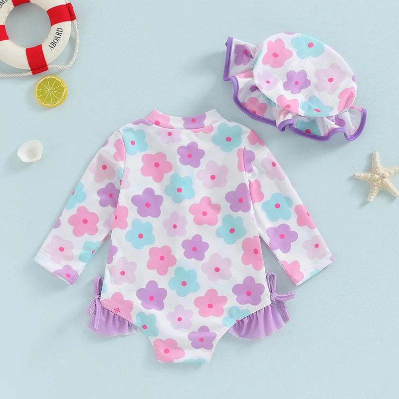 FOCUSNORM 0-24M Summer Baby Girls Rash Guard Swimsuits Long Sleeve Floral Print Zipper Swimwear and Sun Hat