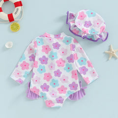 FOCUSNORM 0-24M Summer Baby Girls Rash Guard Swimsuits Long Sleeve Floral Print Zipper Swimwear and Sun Hat