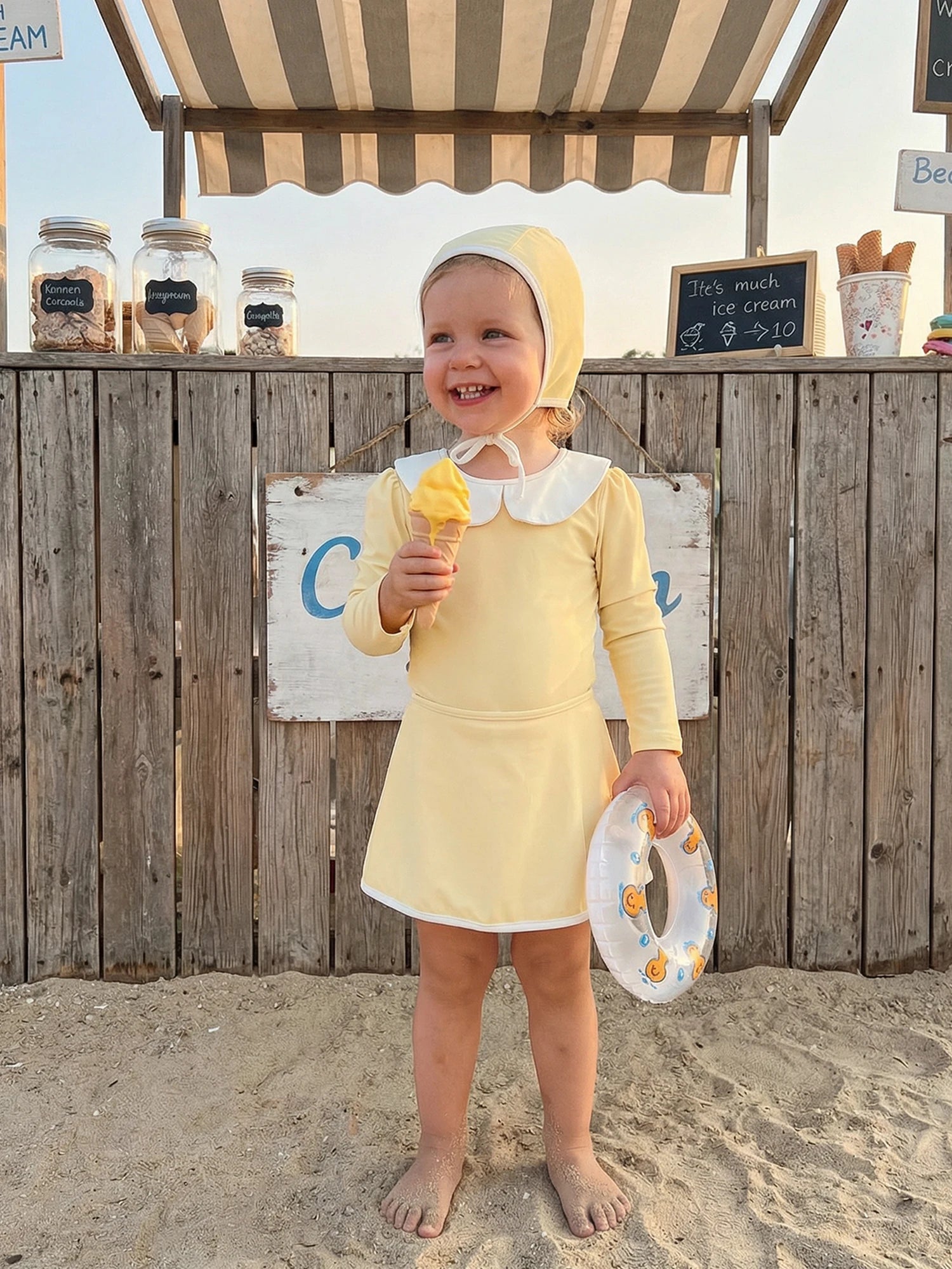 1-6T 3Pcs Little Girls Swimsuit Set Doll Collar Long Sleeve Contrast Color Rash Guard Swimwear Skirt and Hat