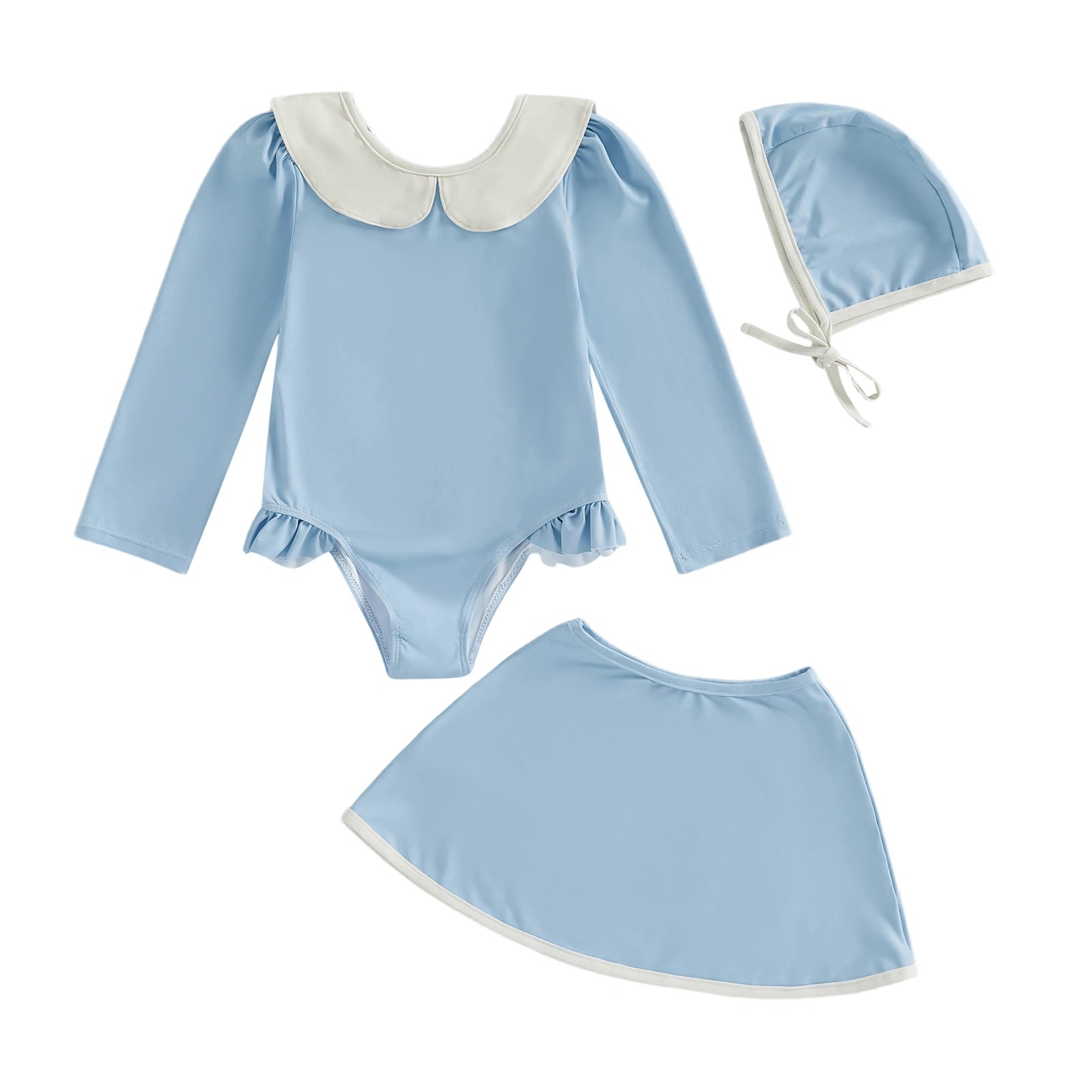 1-6T 3Pcs Little Girls Swimsuit Set Doll Collar Long Sleeve Contrast Color Rash Guard Swimwear Skirt and Hat