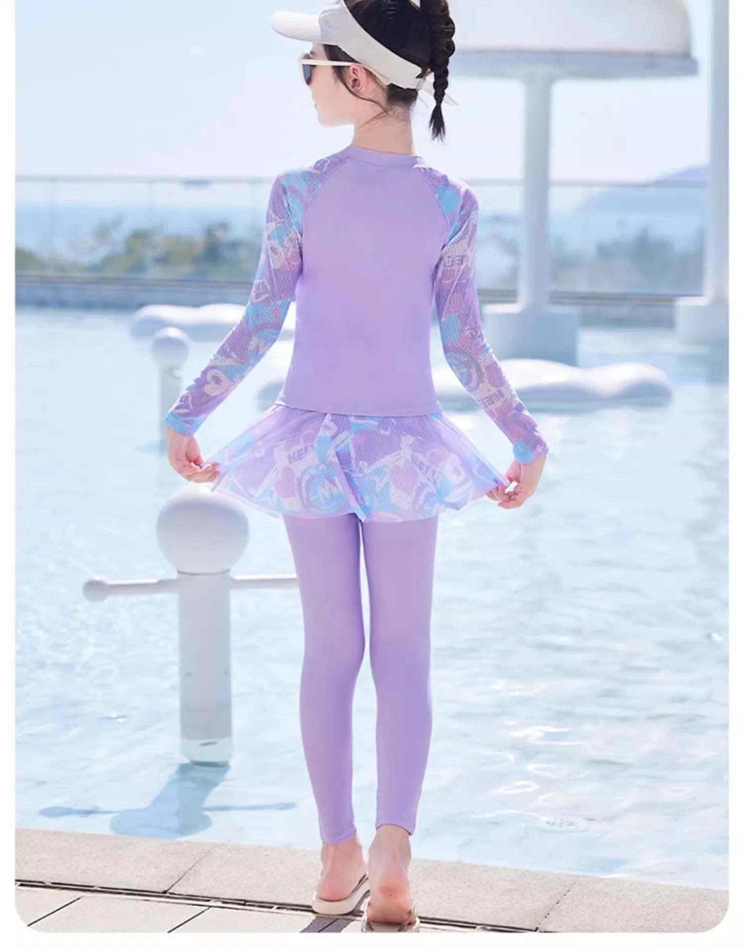 New Girls Fashion Swimsuit Sets Kids Long Sleeve Letter Top + Pants + Skirt 3Pcs for Kids 5-12 Years Split Swimming Clothes