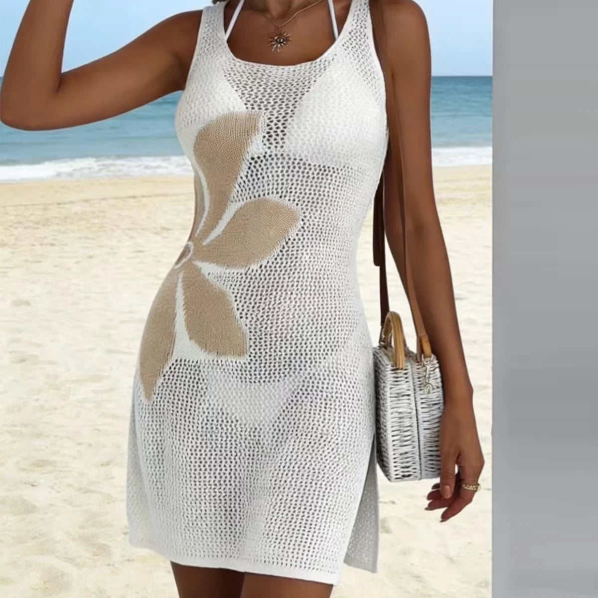 New Style Fashion Floral Knit Dress,Sleeveless Hollow Out Short Beach Cover-Up,Casual Slim-Fitting Dress,Women's Beachwear