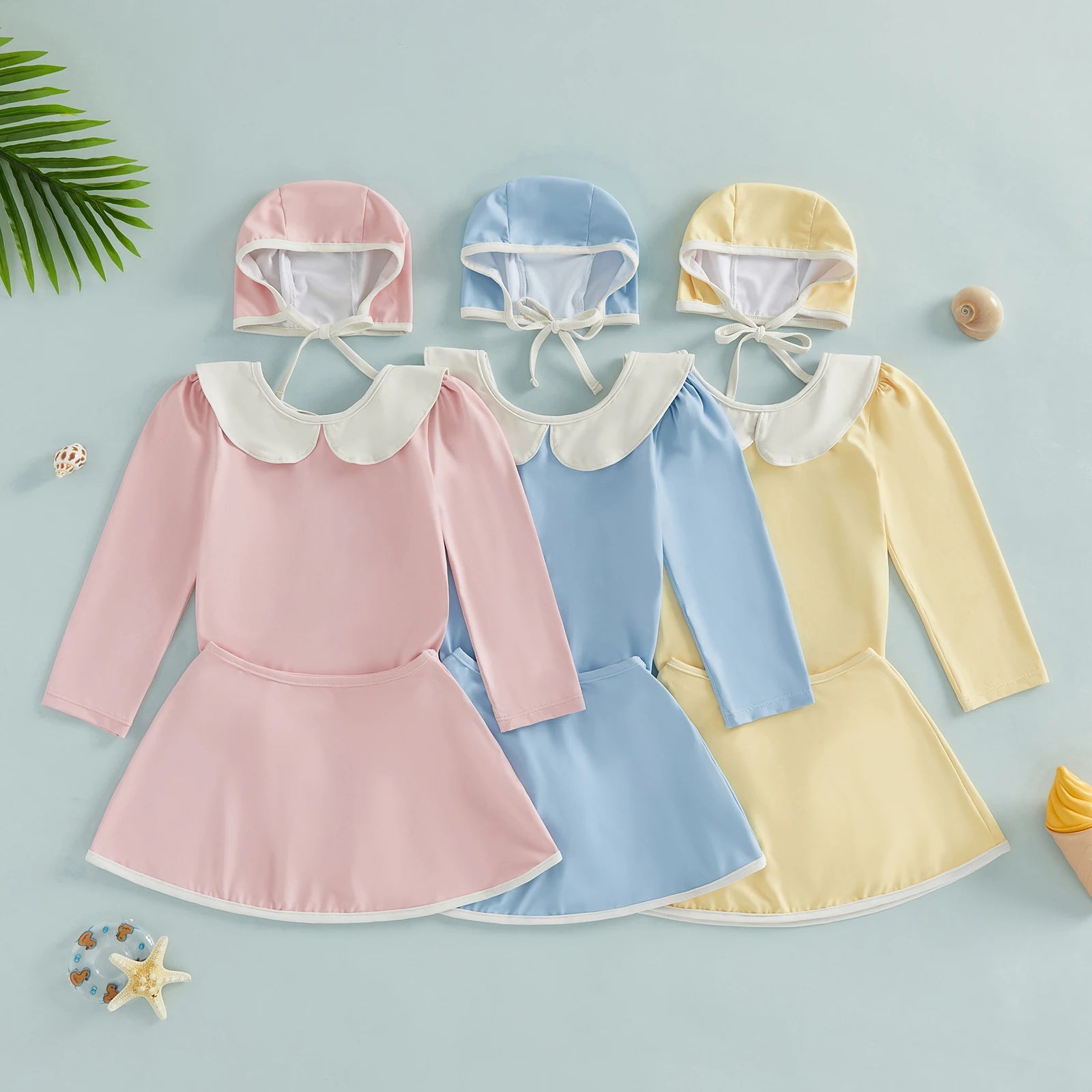 1-6T 3Pcs Little Girls Swimsuit Set Doll Collar Long Sleeve Contrast Color Rash Guard Swimwear Skirt and Hat