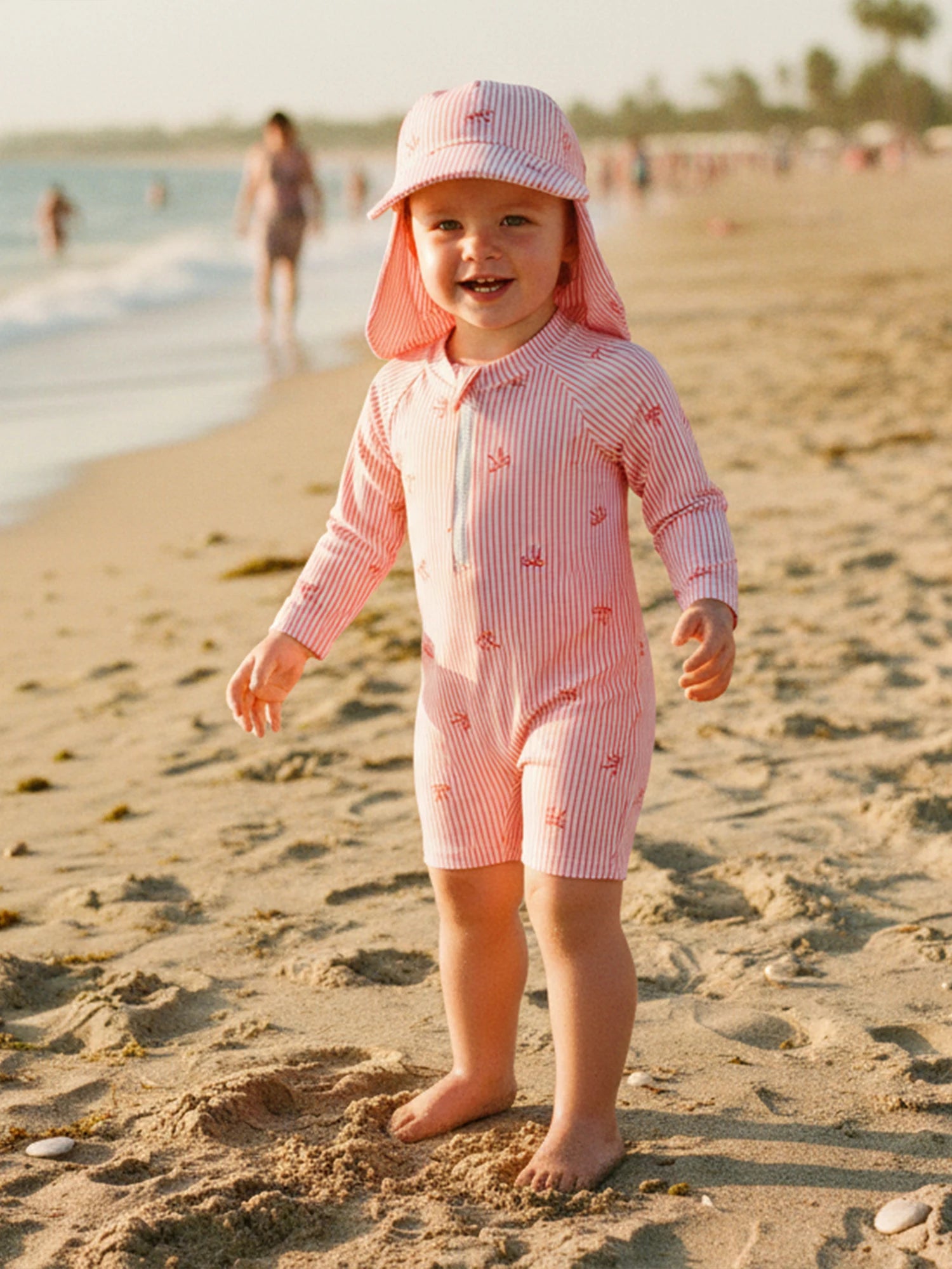 0-24M Newborn Baby Girl Rash Guard Swimsuit Cute Fashionable Striped Bow Printed Long Sleeve Swimwear with Hat