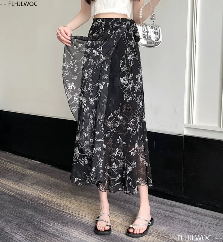 Wrap Up Chic Korea Clothes Women Cute Girls Floral Robe Holiday Beach Date High Waist Retro Vintage One-Piece Lace-Up Skirts