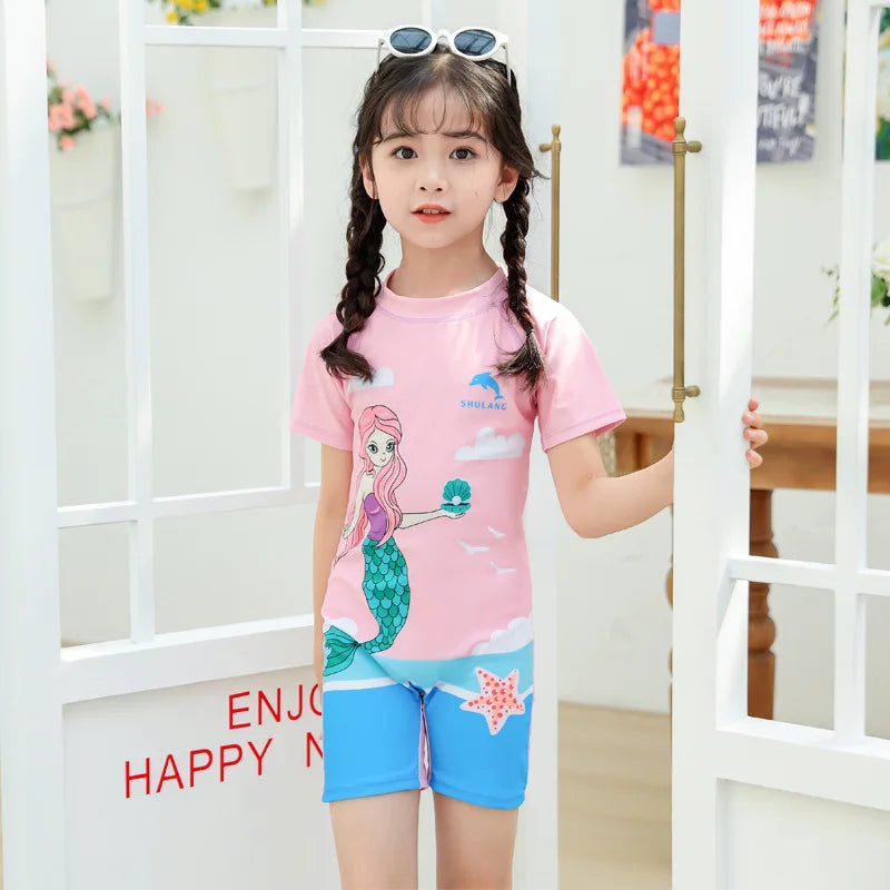 Girls Swimsuits One-Piece Bathing Suits with Hat Summer Beach Water Sport Short Swimsuit with Cartoon Pattern for 2-13 Years Old