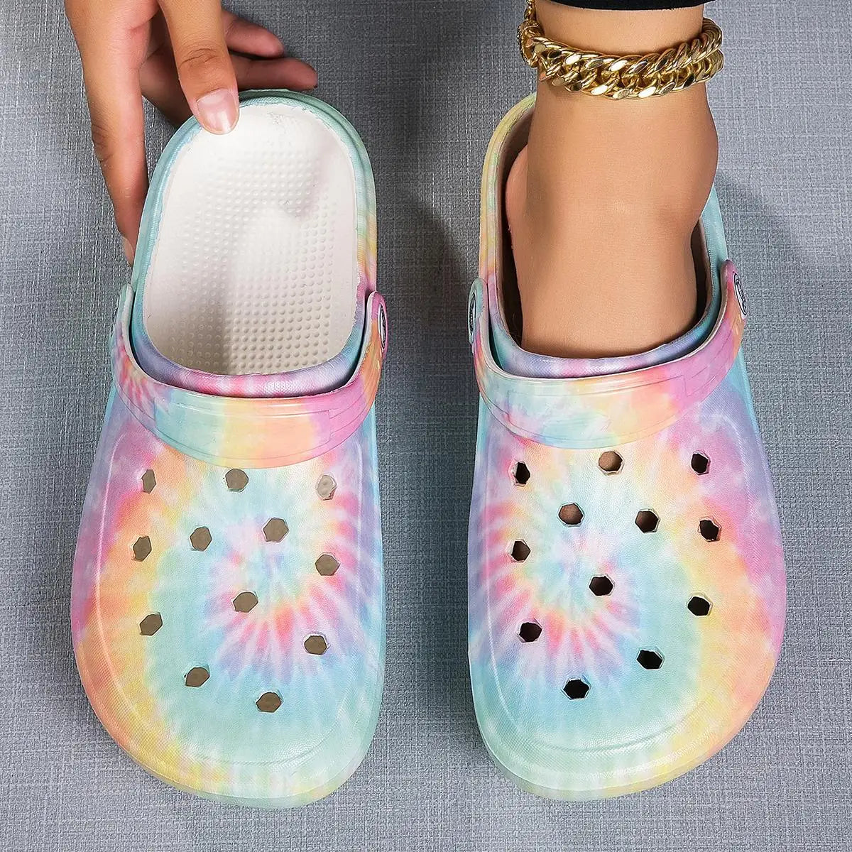 Garden Clogs Comfortable Women's Tie-dye Pattern Clogs, Slip On Lightweight Two-way Wear Clogs, Non-slip Summer Beach Slides 666