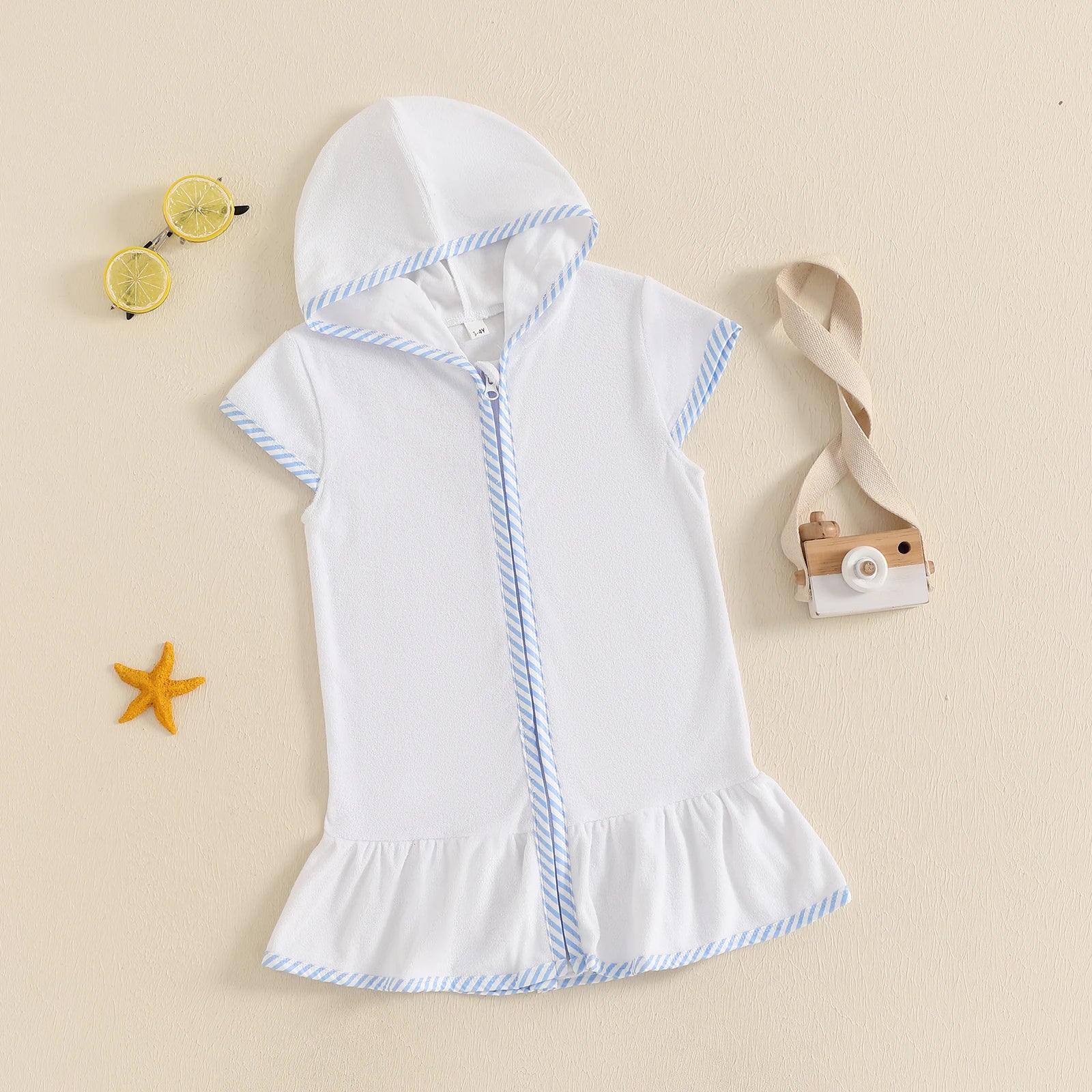 Toddler Girl Hooded Beach Coverup Summer Infant Stripe Print Zipper Bathrobe Children Short Sleeve Summer Swimwear Cover-up