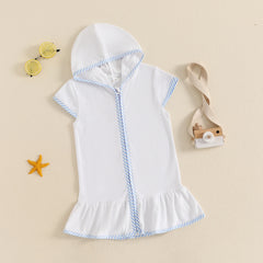 Toddler Girl Hooded Beach Coverup Summer Infant Stripe Print Zipper Bathrobe Children Short Sleeve Summer Swimwear Cover-up
