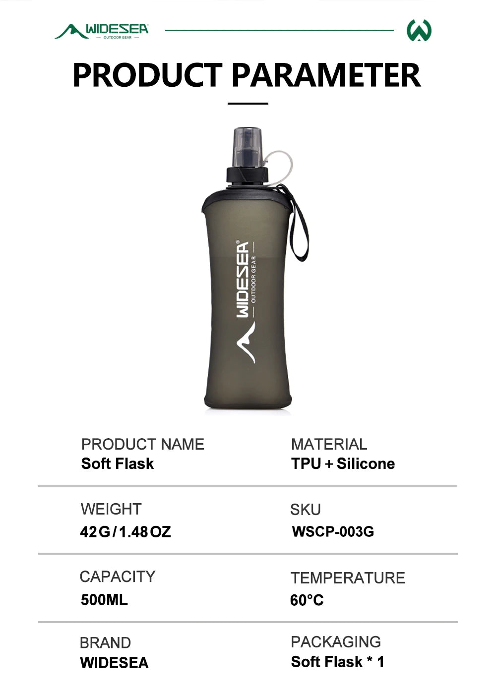 Widesea Camping 600ml Soft Water Bottle Drinking Sport Folding Bag Flask Outdoor Running Hydration Pack Waist Bicycle BPA Free