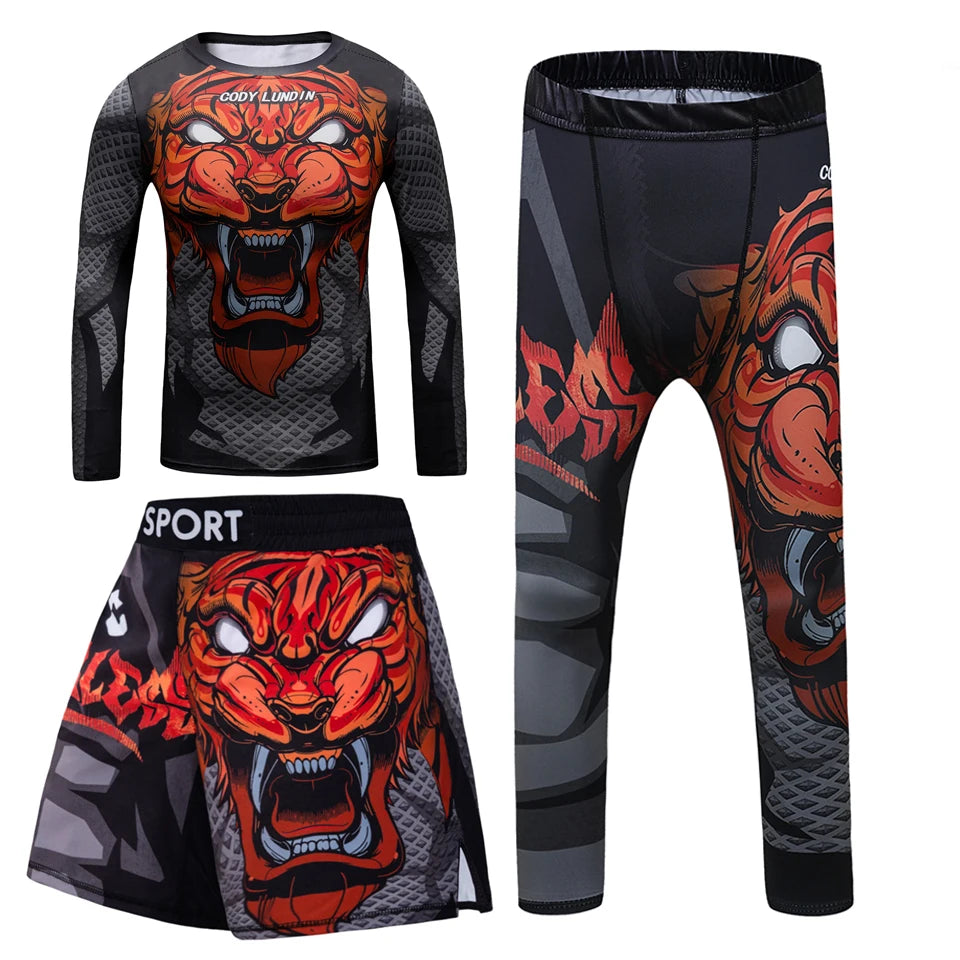 New Kids 4/pcs Sets Rashguard Jiu Jitsu MMA T-shirt+Pant For Children Muay Thai Shorts BJJ Tight Sportsuit MMA Boxing Fightwear