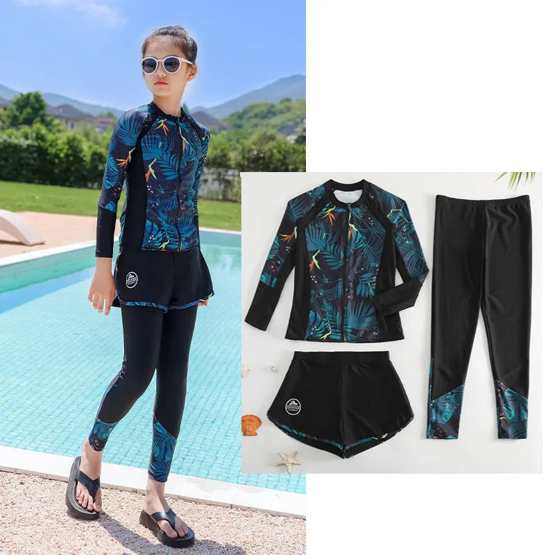 Girls Swimsuit Girls Long Sleeve Rash Guard 3-Pieces Bathing Suit 100cm-160cm Height Athletic Sweatsuit Activewear Tracksuit