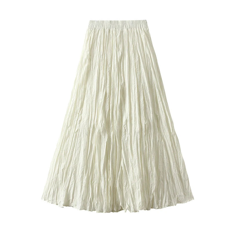 Streamgirl Women Summer Skirts Long Pleated A Line Elegant Solid Big Swing Maxi Skirt Ladies Blue White Beach Skirt Women Luxury