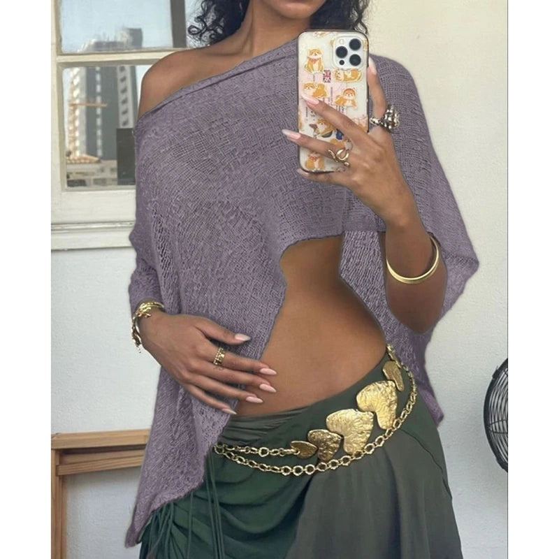 Combhasaki Women Knitwear Bikini Cover-up See-through Solid Off Shoulder Irregular Triangle Hem Loose Pullover Summer Beach Tops
