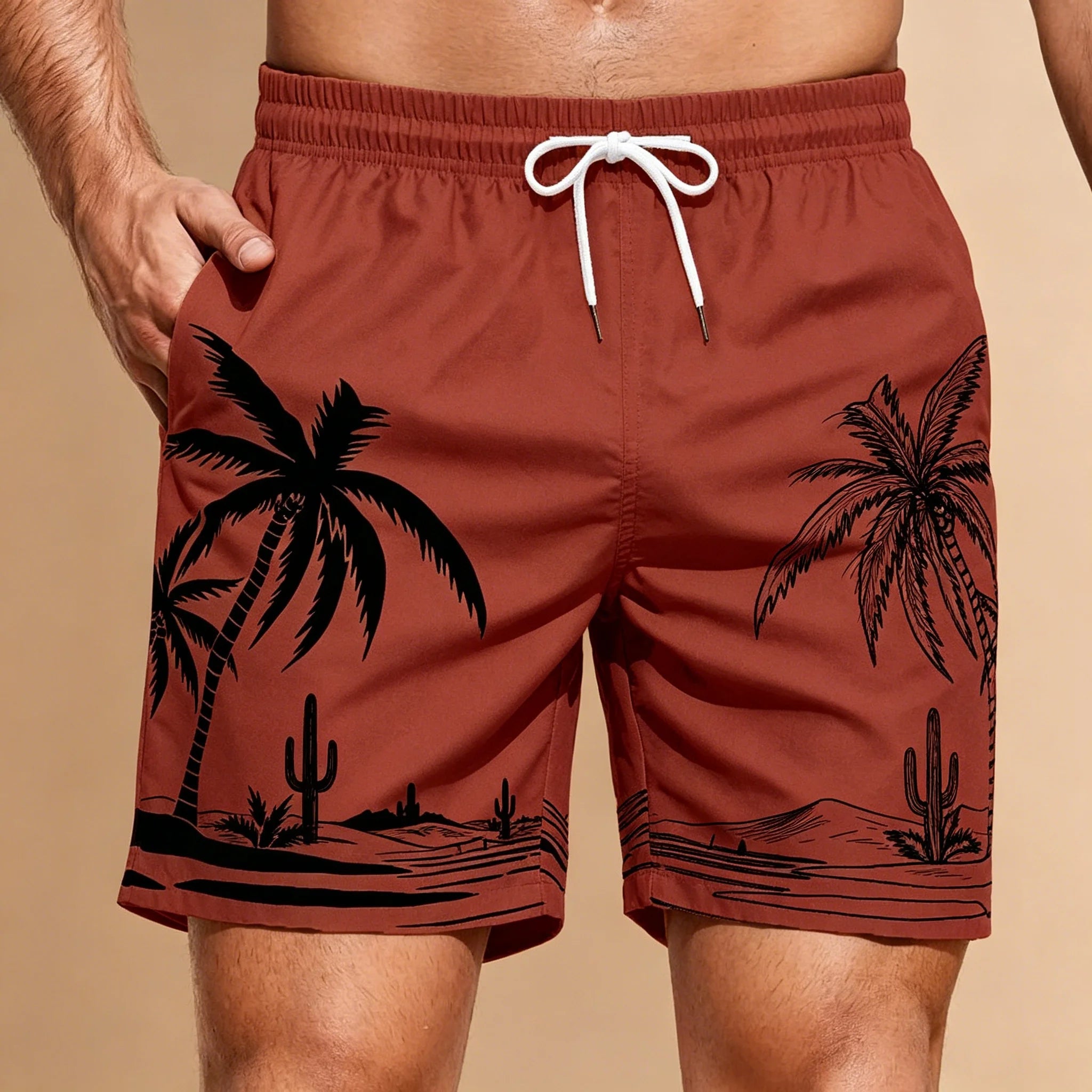 Men's Dark Green Tropical Leaf & Bird Print Drawstring Shorts, Casual Loose Swim Trunks For Spring Summer Wear