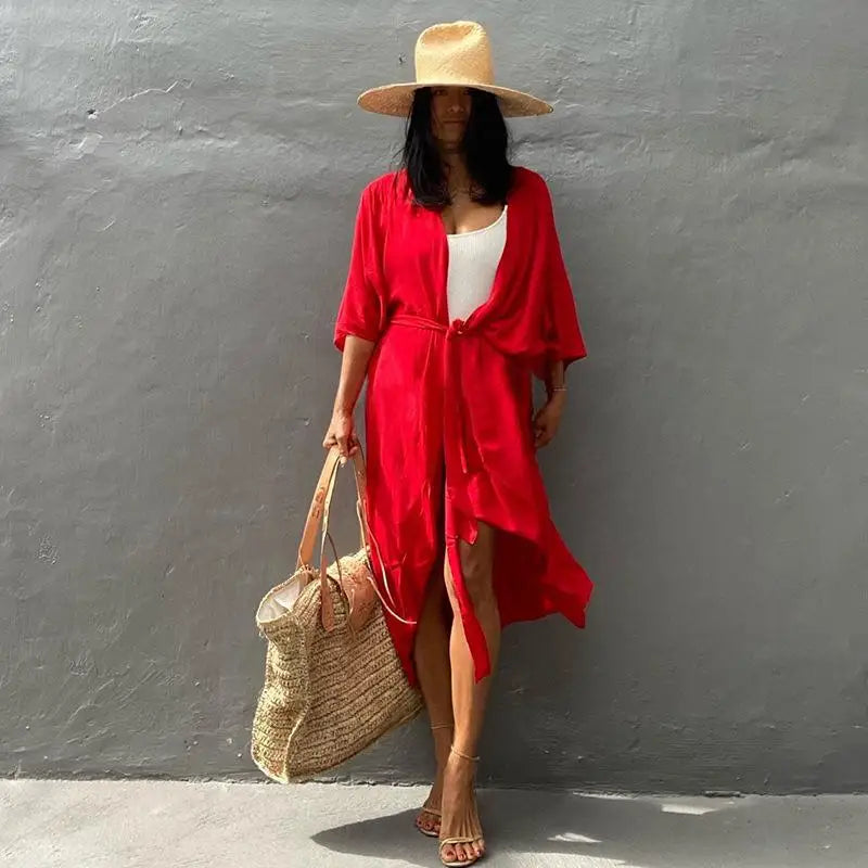 Women's Boho Stripe Tie Dye Swimsuit Cover Up with Belt Tunic Sarong Cardigan Dress Bikini Cover-ups Beach Wear Kimono