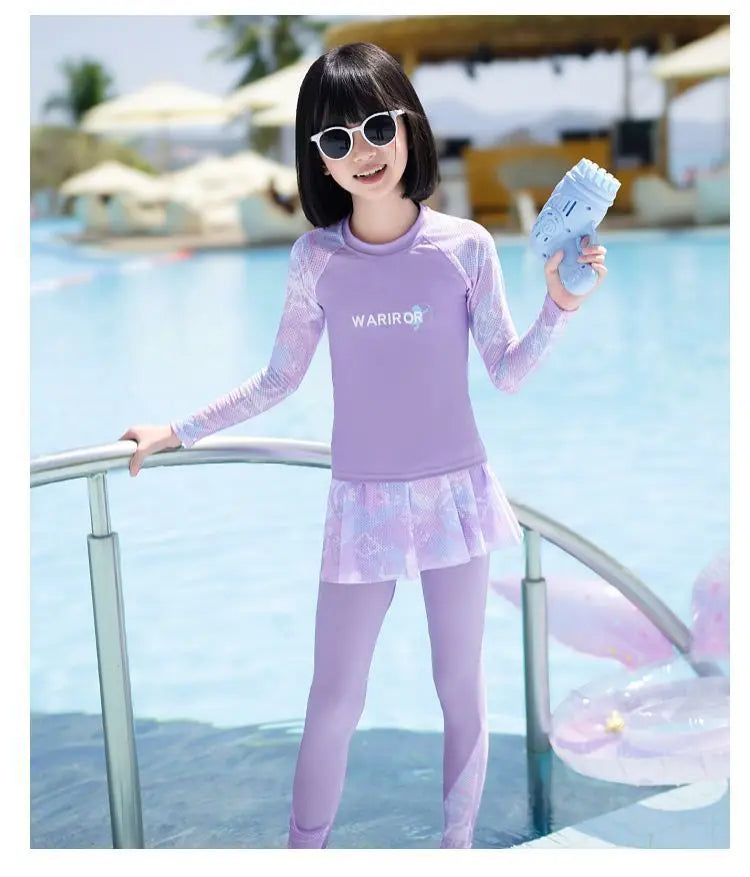 New Girls Fashion Swimsuit Sets Kids Long Sleeve Letter Top + Pants + Skirt 3Pcs for Kids 5-12 Years Split Swimming Clothes