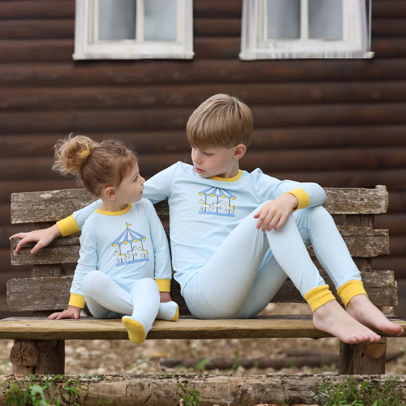 Summer Family Matching Set Long Sleeve Pajamas Brother and Sister Matching Pink and Blue Carousel Soft Print Sibling Clothes