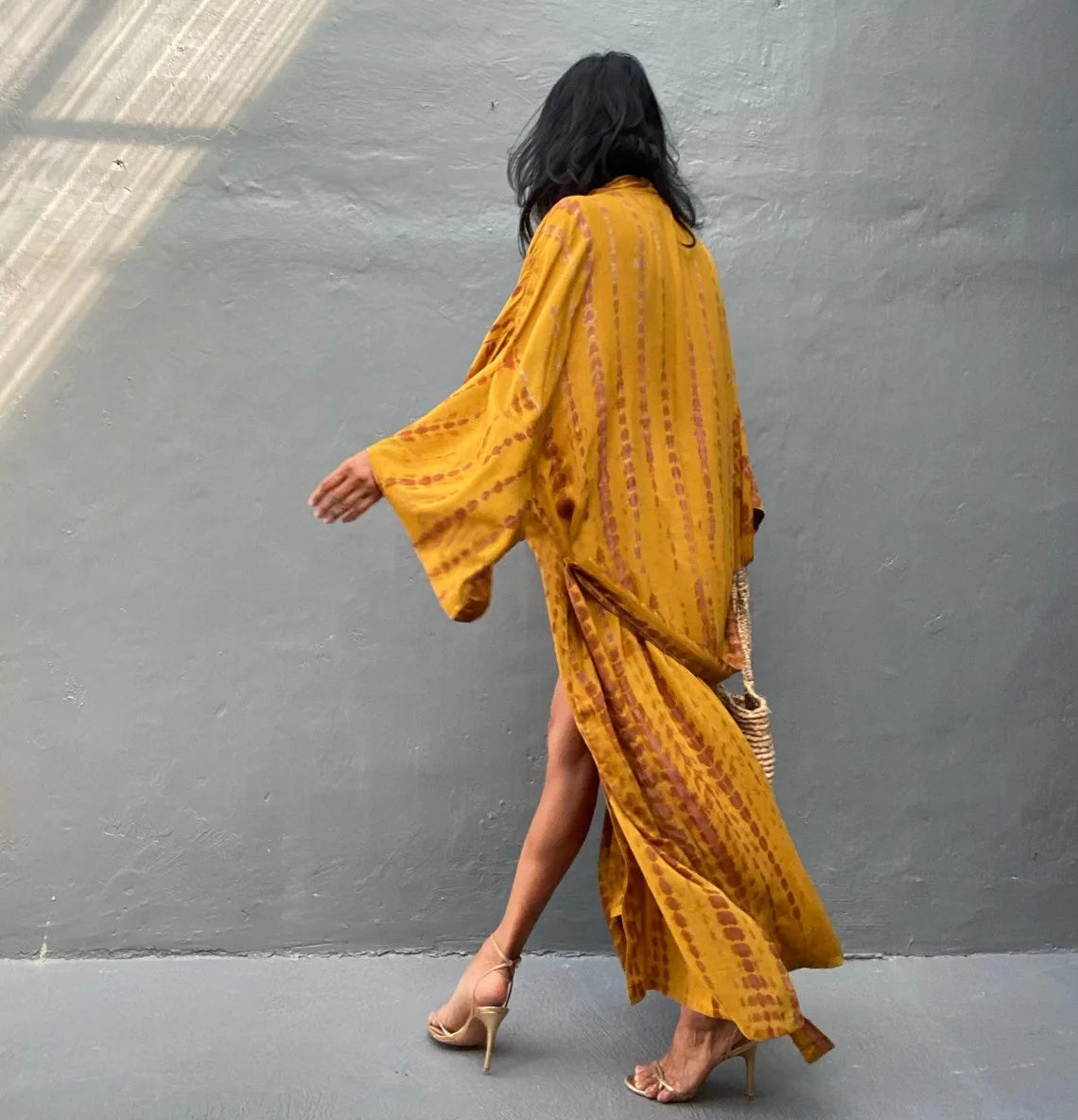 Women's Boho Stripe Tie Dye Swimsuit Cover Up with Belt Tunic Sarong Cardigan Dress Bikini Cover-ups Beach Wear Kimono