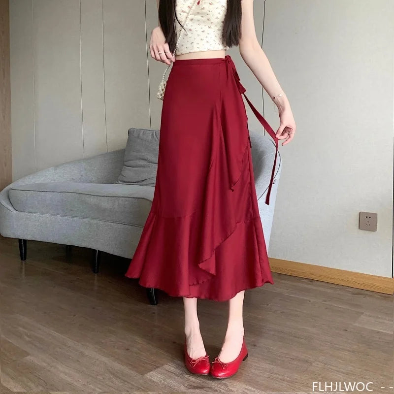 Wrap Up Chic Korea Clothes Women Cute Girls Floral Robe Holiday Beach Date High Waist Retro Vintage One-Piece Lace-Up Skirts