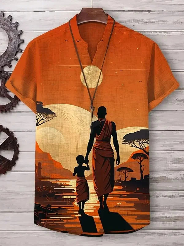Summer Men's Printed Short Sleeve Shirt Vintage Linen Shirt Men's Festival Casual Short Sleeve Top Street Trend Fast Delivery