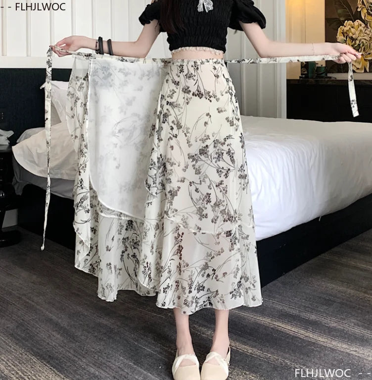 Wrap Up Chic Korea Clothes Women Cute Girls Floral Robe Holiday Beach Date High Waist Retro Vintage One-Piece Lace-Up Skirts