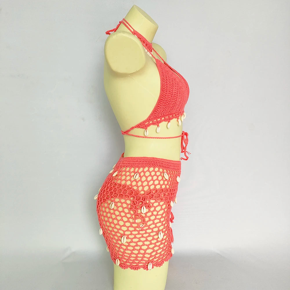 Women Beach Wear Swimsuit Cover-Ups Boho Summer See-Through Hollow Out Bandage High Waist Short Beach Skirt Crochet Knit Skirts