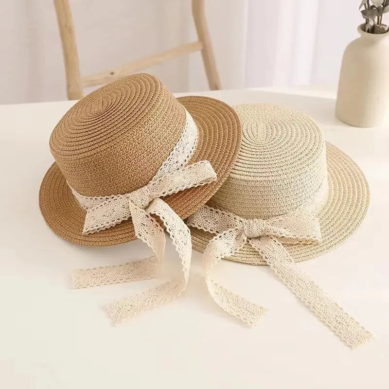 Cute Bow Streamer Girls Straw Hat Spring Summer Breathable Sunshade Kids Sun Hat Outdoor Travel UV Protection Children Panama Ca
