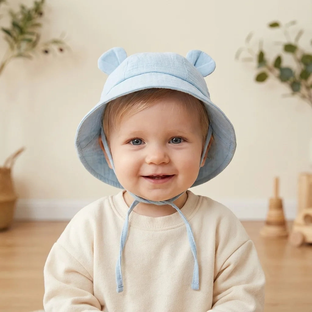 INS Summer Baby Solid Color Gauze Basin Hat New Rabbit Ear Fisherman Hat for Kids Sun Hat