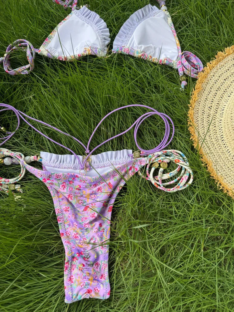 Sexy Triangle Mini Bikini Sets Micro Thongs Swimsuit Women Bathing Suit Biquini Bandage Beachwear Print Swimwear Thong Bikini