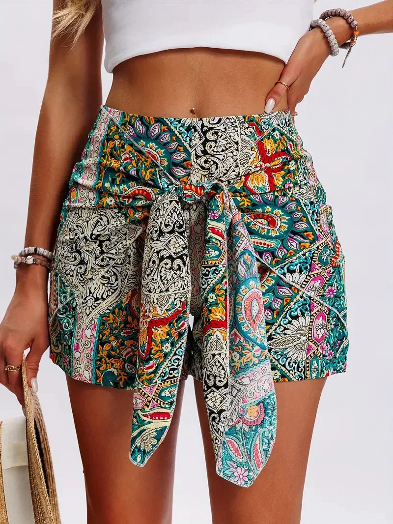 Vacation Style Woman Shorts 2025 Summer Trendy Latest Casual Vintage Boho Tribal Floral Printed High Waist Wide Leg Ladies Pants