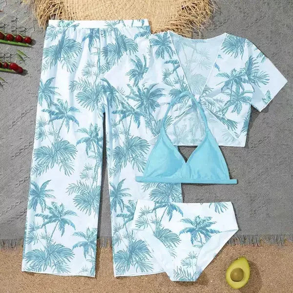Girls 4pack Palm Tree Print Bikini Sets with Pants+Short Sleeve Crop Top Kids Swimsuit 7-12 Years Children Swimwear Bathing Suit