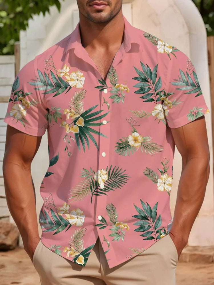 Summer Men's Lapel Shirt Tropical Simple Floral Print Hawaiian Style Street Trend Casual Single-breasted Short-sleeved Shirt