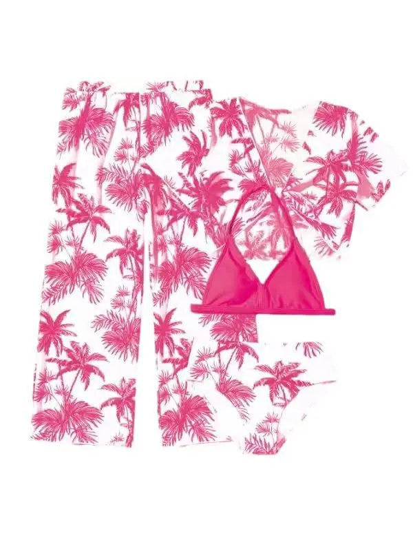 Girls 4pack Palm Tree Print Bikini Sets with Pants+Short Sleeve Crop Top Kids Swimsuit 7-12 Years Children Swimwear Bathing Suit