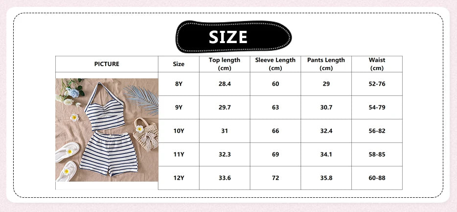 Girls 8-12 Casual 2-Piece Set, Navy Blue White Striped Halter Crop Top & Matching Elastic Waist Shorts, Beachy for Daily Summer
