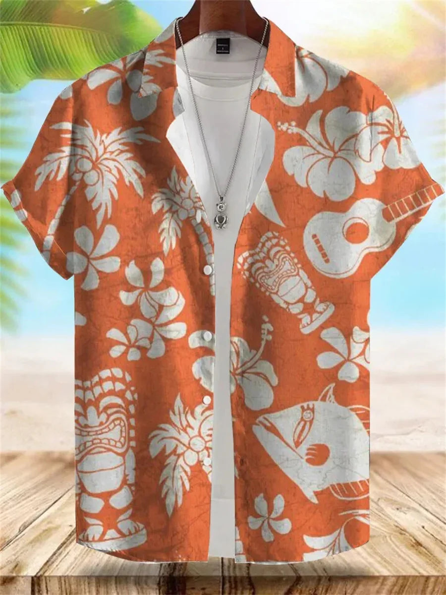 2026 Summer New Men's Tropical Floral Print Short-Sleeve Shirt, Casual Loose Fit, Vacation Style, Beachwear, Hawaiian Shirt