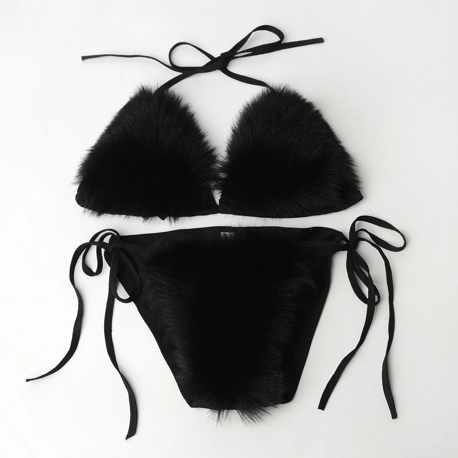 Summer Women Fake Fox Fur Sexy Halter Solid Color Bikini Set Swimsuits Triangle Sexy Bikini Set Faux Fur Swimsuit Plush Swimwear