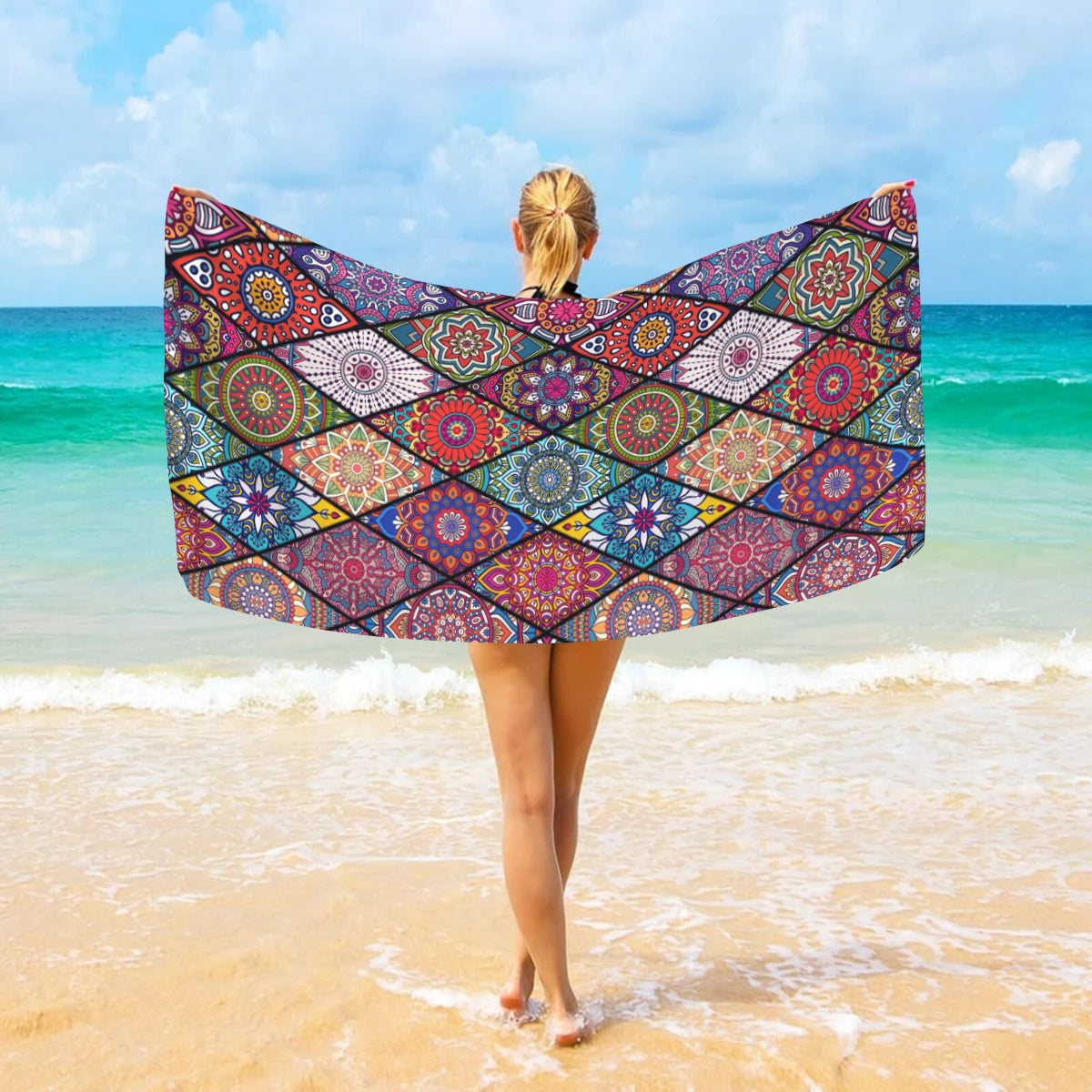 1pc Bohemian Large Beach Towel, Striped Flower Love Printed Bath Towel, Outdoor Swimming, Vacation, Camping Beach Towel