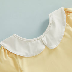 1-6T 3Pcs Little Girls Swimsuit Set Doll Collar Long Sleeve Contrast Color Rash Guard Swimwear Skirt and Hat