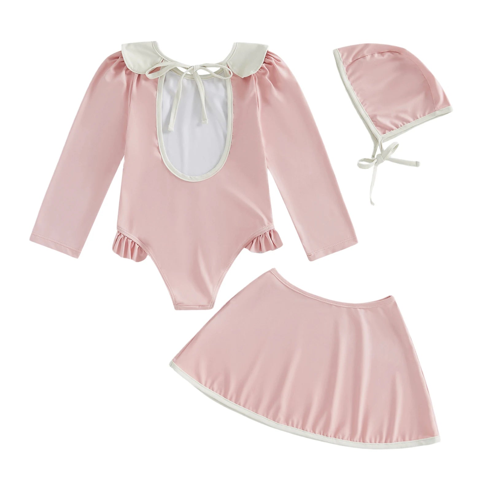1-6T 3Pcs Little Girls Swimsuit Set Doll Collar Long Sleeve Contrast Color Rash Guard Swimwear Skirt and Hat