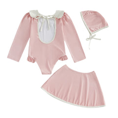 1-6T 3Pcs Little Girls Swimsuit Set Doll Collar Long Sleeve Contrast Color Rash Guard Swimwear Skirt and Hat