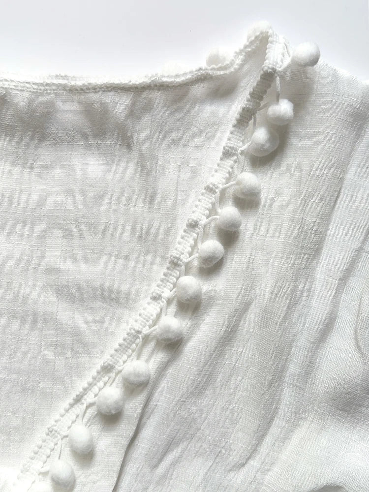 Beach Vacation Bikini Cover-Up Dress with Ball Decoration, Lightweight Sheer Fringed Tie Up Open Cardigan, Sexy Fitted Style