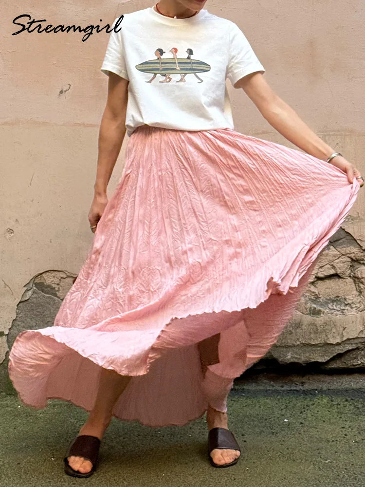 Streamgirl Women Summer Skirts Long Pleated A Line Elegant Solid Big Swing Maxi Skirt Ladies Blue White Beach Skirt Women Luxury