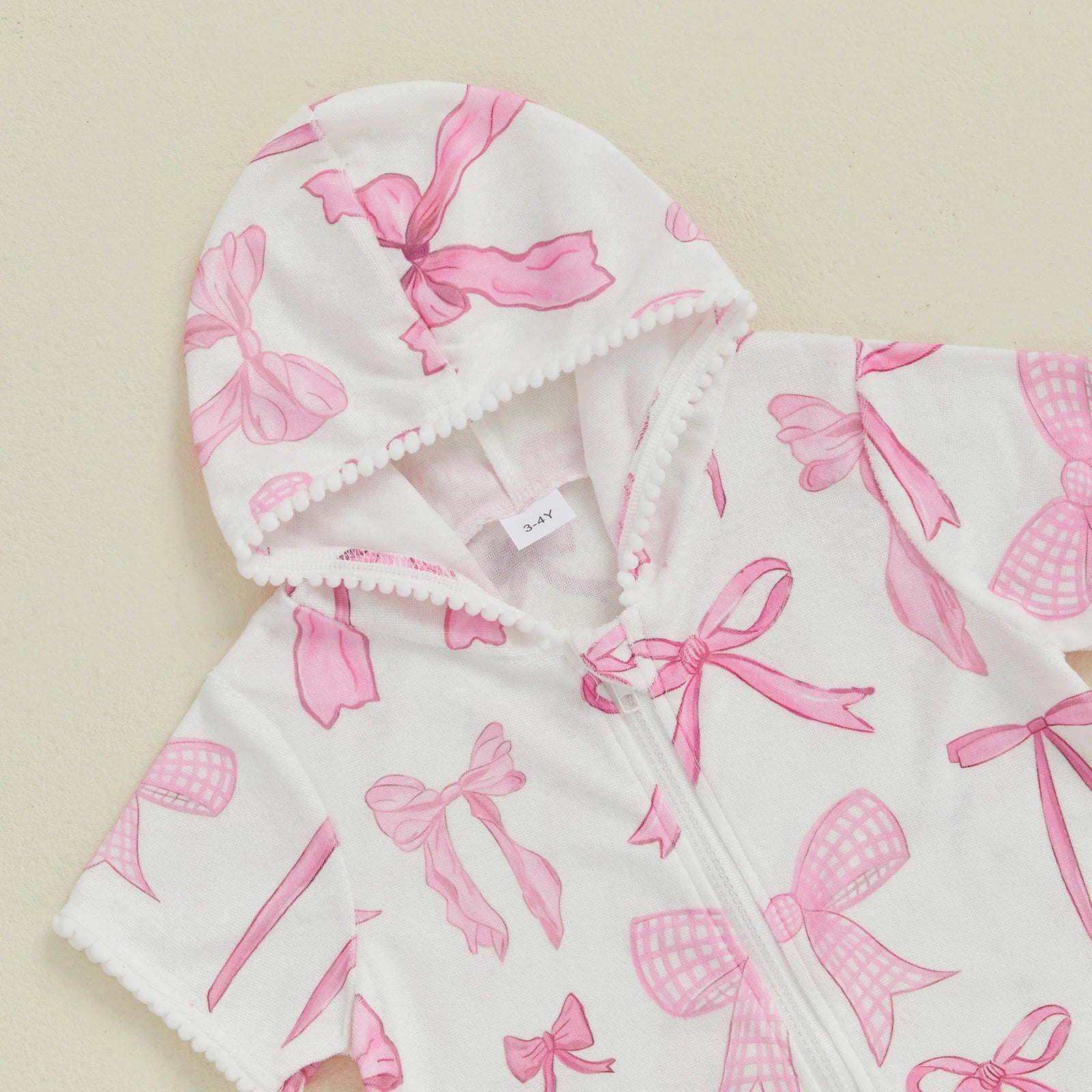 Children Baby Girls Swim Coverups Summer Beachwear Bow Print Short Sleeve  Hooded Bathrobe Absorbent Dress Zip-Up Robe Towel