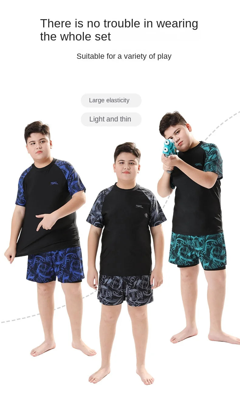Children's Swimwear with Cap, Split Body, Short Sleeve, Two Piece Swimsuit for Men, Teenagers, Boys, New, Hot Spring Set, 2024