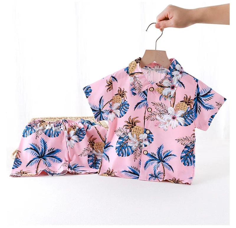 Summer Children Beach Shirt Set Boys Girls Baby Loose Printed Shirts Fashion Vacation Style Kid Short Sleeve+short Pants Outfits