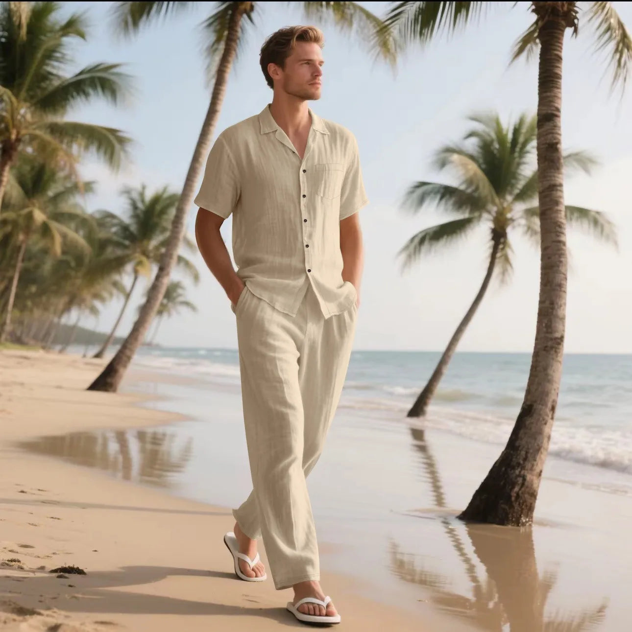 The 2025 Summer Beach Men's linen short-sleeved shirt set is a two-piece long pants set suitable fordaily casual beach vacations