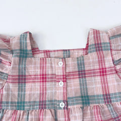 Summer Sweet and Casual 3-10-year-old Girls and Teenagers Pink Suit Square Collar Checkered Top+Wide Leg Pants Two Piece Set